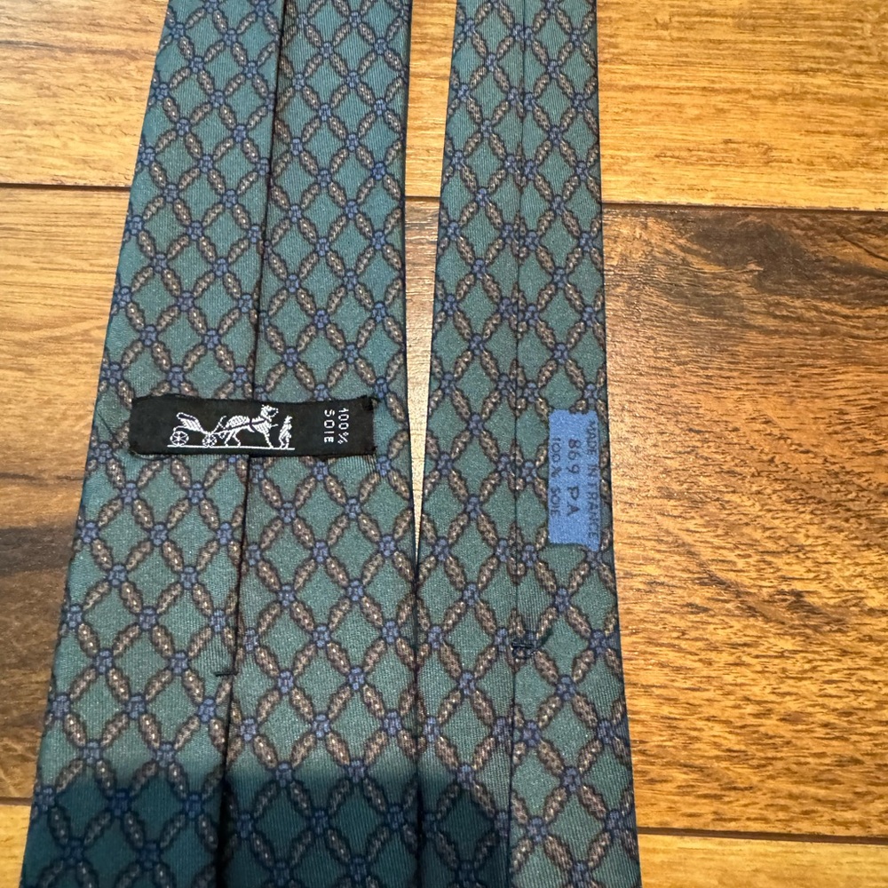 Elegant vintage Hermes Green and blue check print Men's Tie - Picture 3 of 4